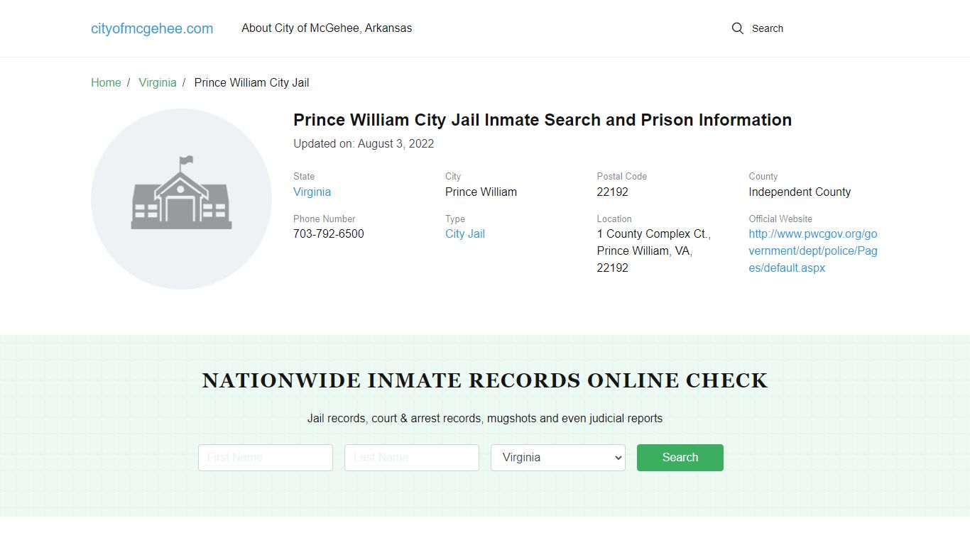 Prince William City Jail Inmate Search and Prison Information